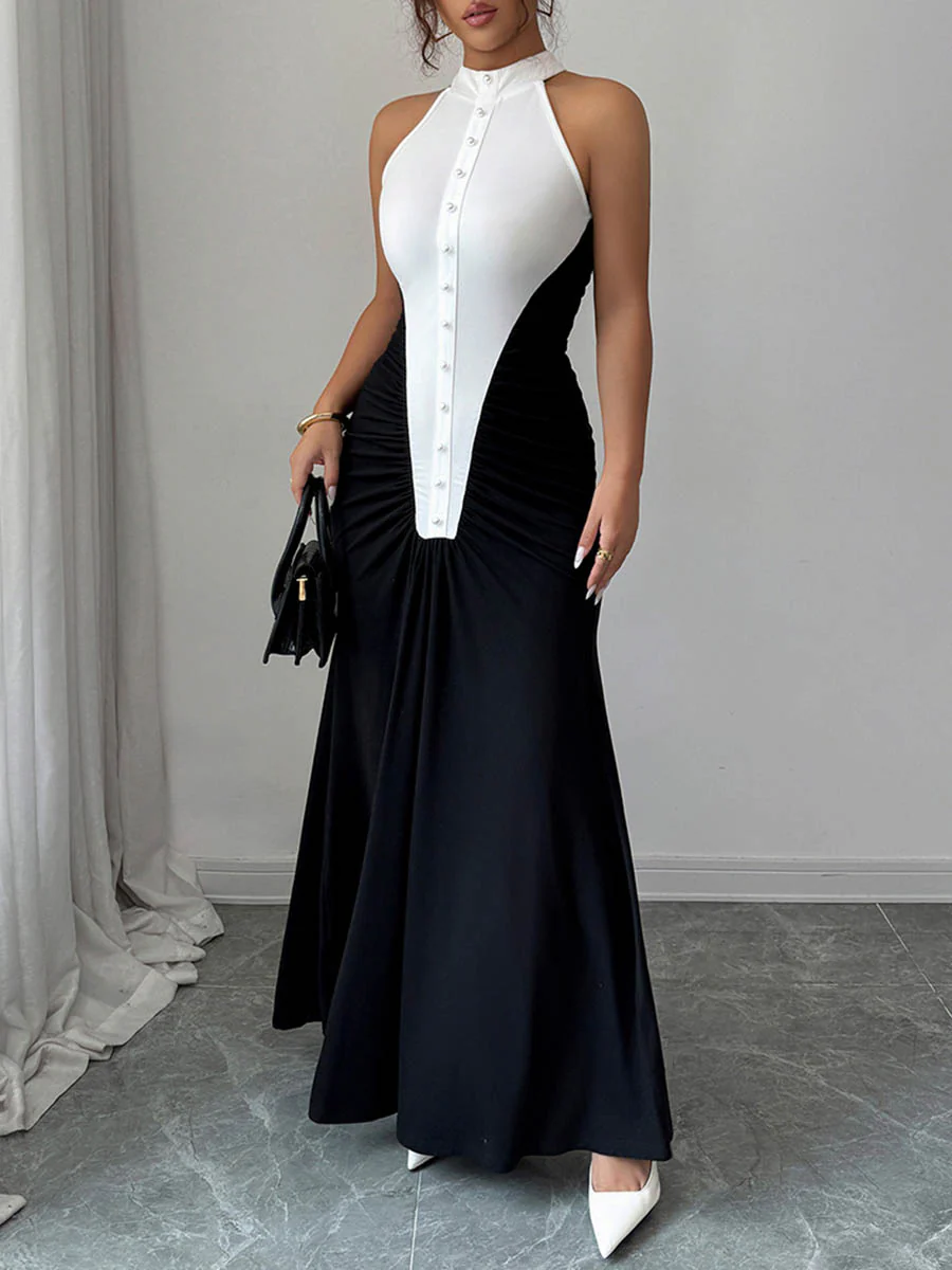 High Waisted Sleeveless Buttoned Contrast Color Pleated Split-Joint Halter-Neck Maxi Dresses - Image 2