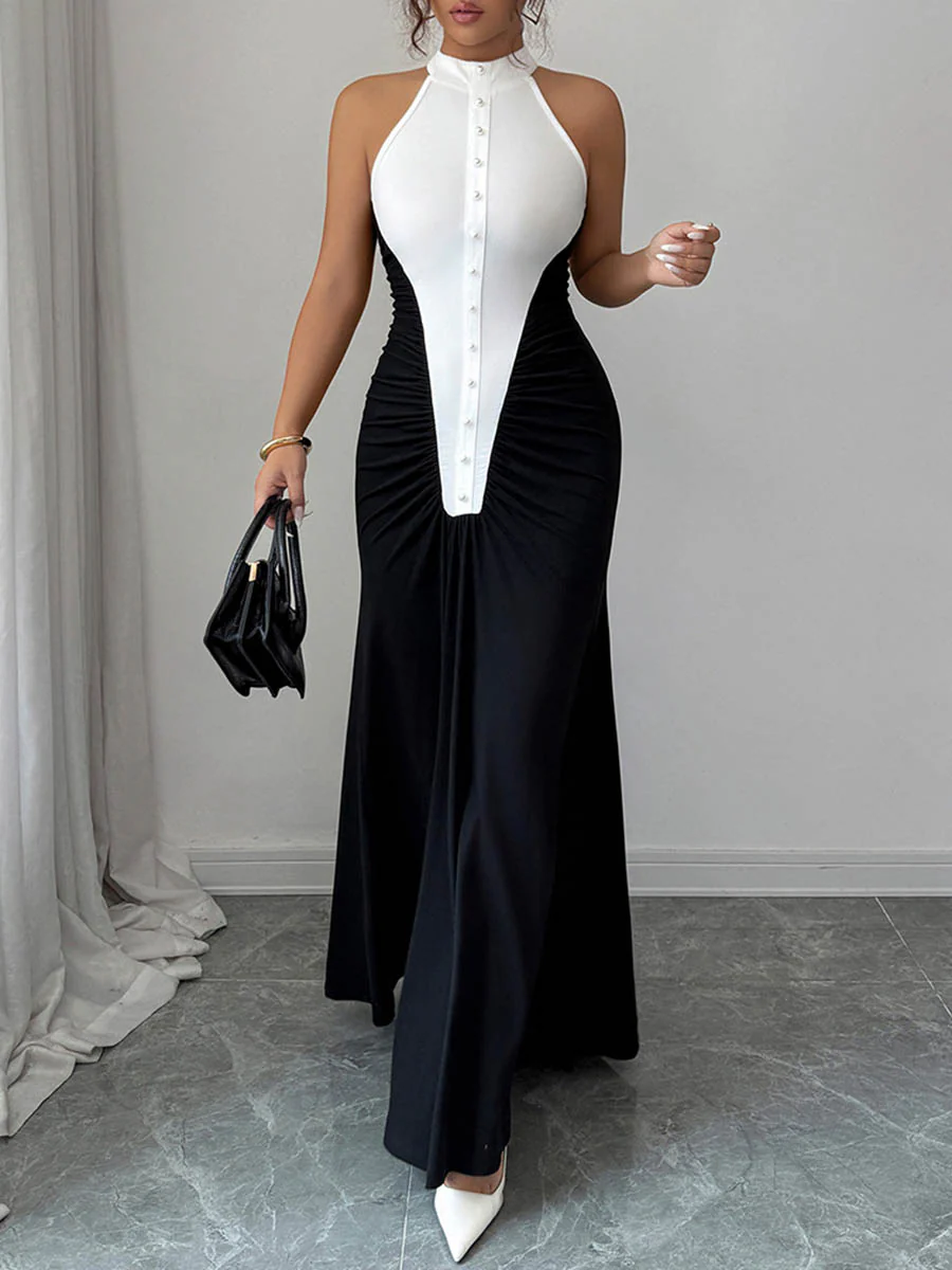 High Waisted Sleeveless Buttoned Contrast Color Pleated Split-Joint Halter-Neck Maxi Dresses - Image 3