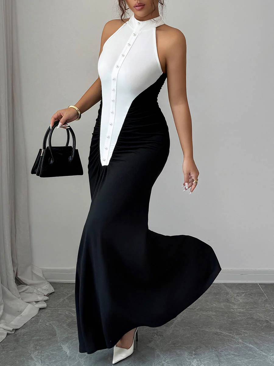 High Waisted Sleeveless Buttoned Contrast Color Pleated Split-Joint Halter-Neck Maxi Dresses - Image 4