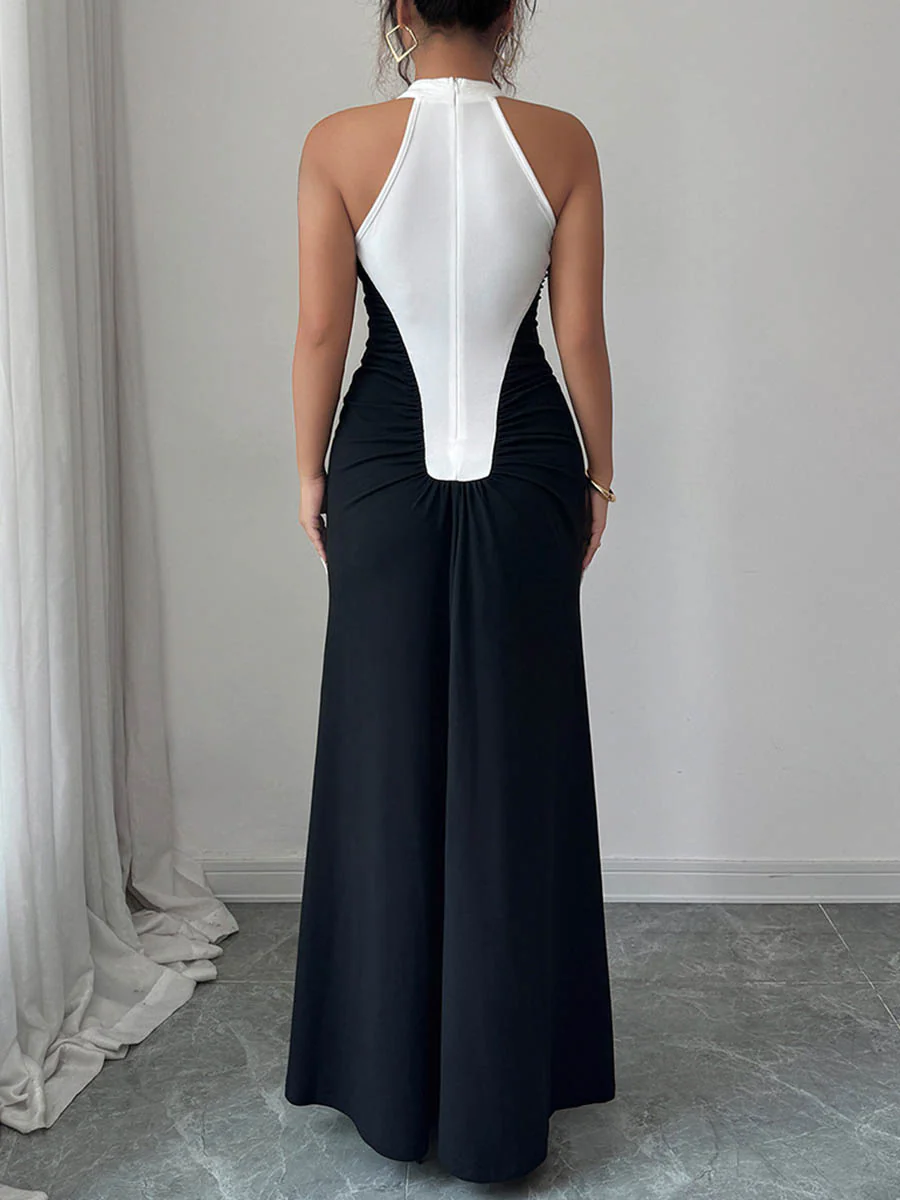 High Waisted Sleeveless Buttoned Contrast Color Pleated Split-Joint Halter-Neck Maxi Dresses - Image 5