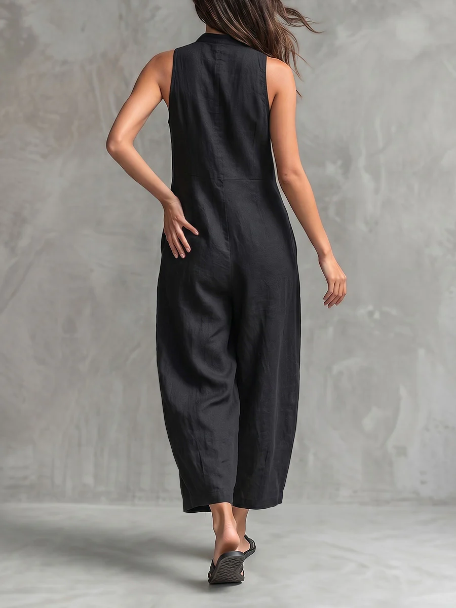 High Waisted Sleeveless Buttoned Pockets Solid Color Stand Collar Jumpsuits - Image 3