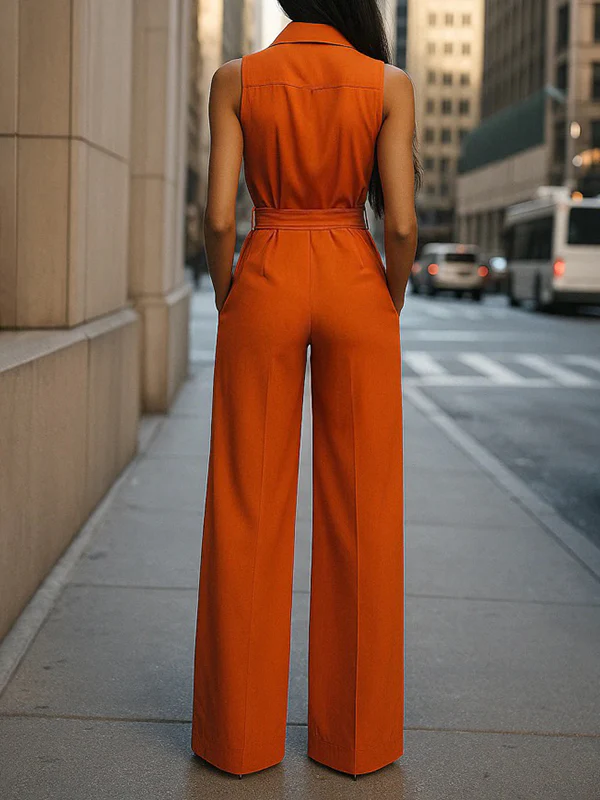 High Waisted Sleeveless Buttoned Pockets Tied Waist Lapel Jumpsuits - Image 2