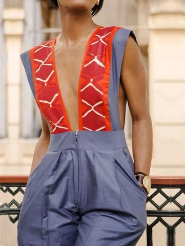 High Waisted Sleeveless Contrast Color Pleated Pockets Zipper Deep V-Neck Jumpsuits - Image 2