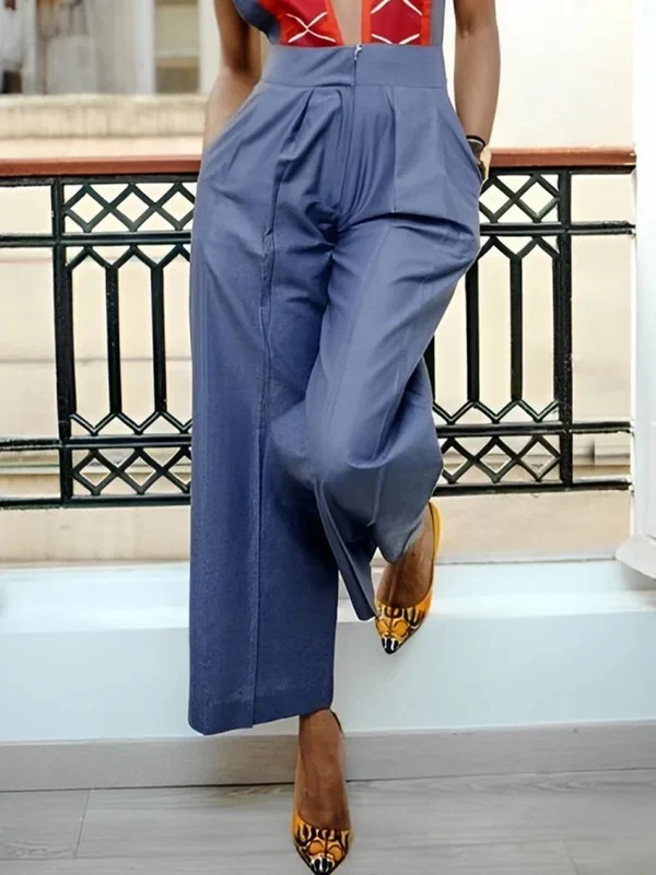 High Waisted Sleeveless Contrast Color Pleated Pockets Zipper Deep V-Neck Jumpsuits - Image 3