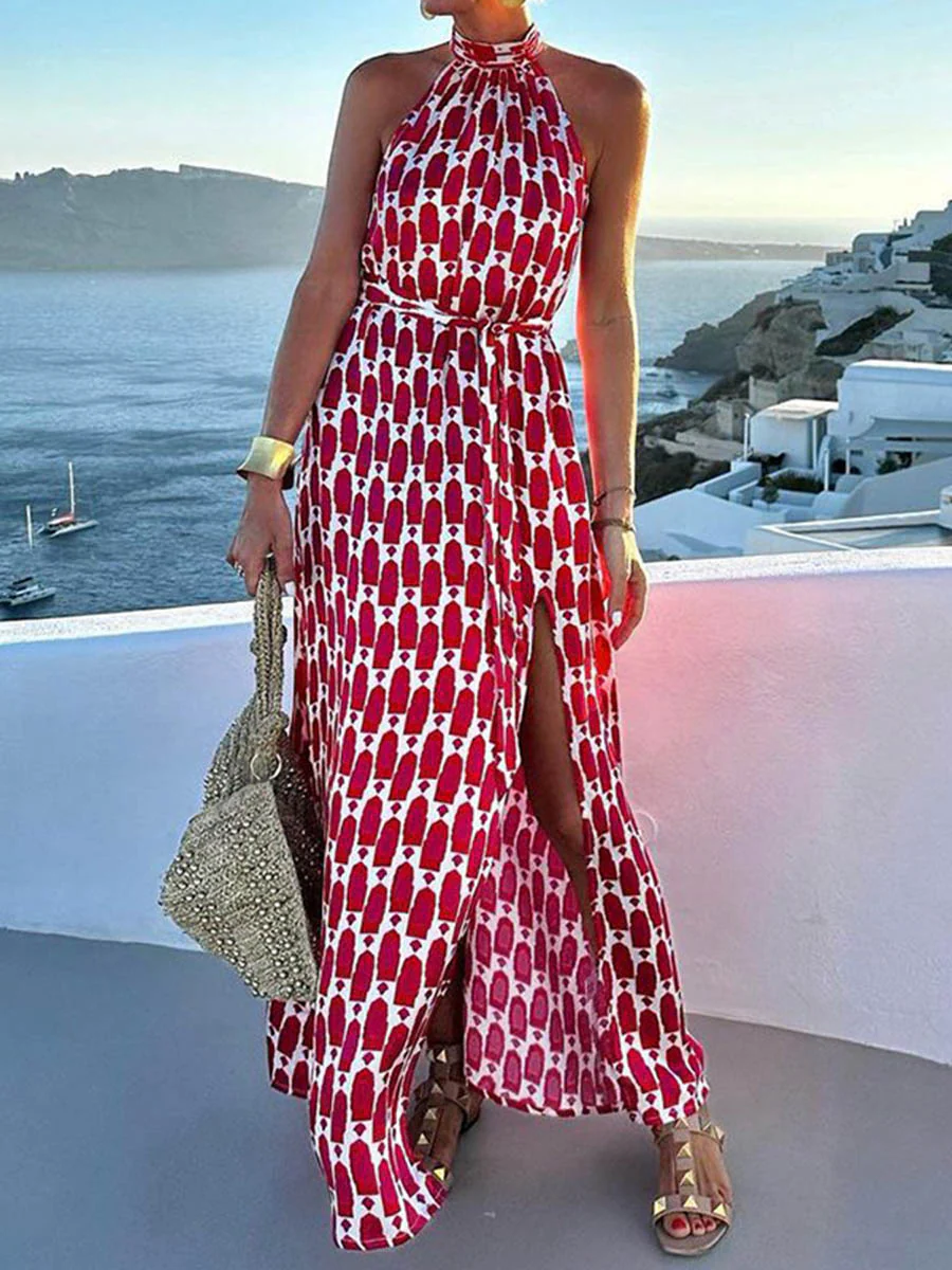 High Waisted Sleeveless Contrast Color Printed Split-Joint Split-Side Tied Waist Halter-Neck Maxi Dresses - Image 3