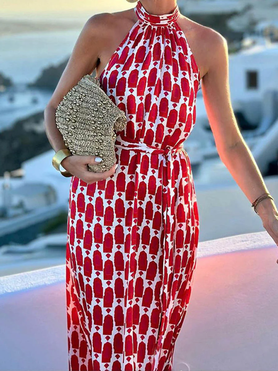 High Waisted Sleeveless Contrast Color Printed Split-Joint Split-Side Tied Waist Halter-Neck Maxi Dresses - Image 4