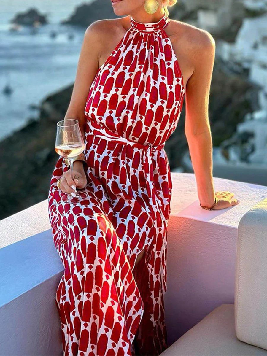 High Waisted Sleeveless Contrast Color Printed Split-Joint Split-Side Tied Waist Halter-Neck Maxi Dresses - Image 5