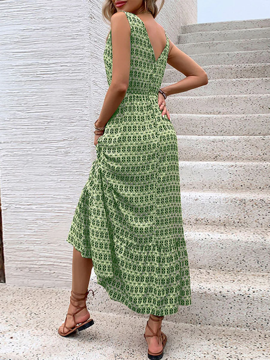High Waisted Sleeveless Contrast Color Printed Tied Waist V-Neck Maxi Dresses - Image 5