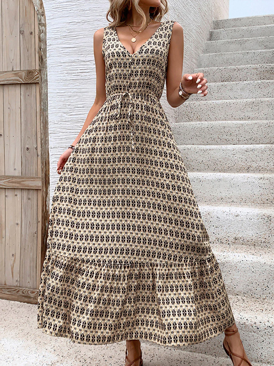 High Waisted Sleeveless Contrast Color Printed Tied Waist V-Neck Maxi Dresses - Image 6