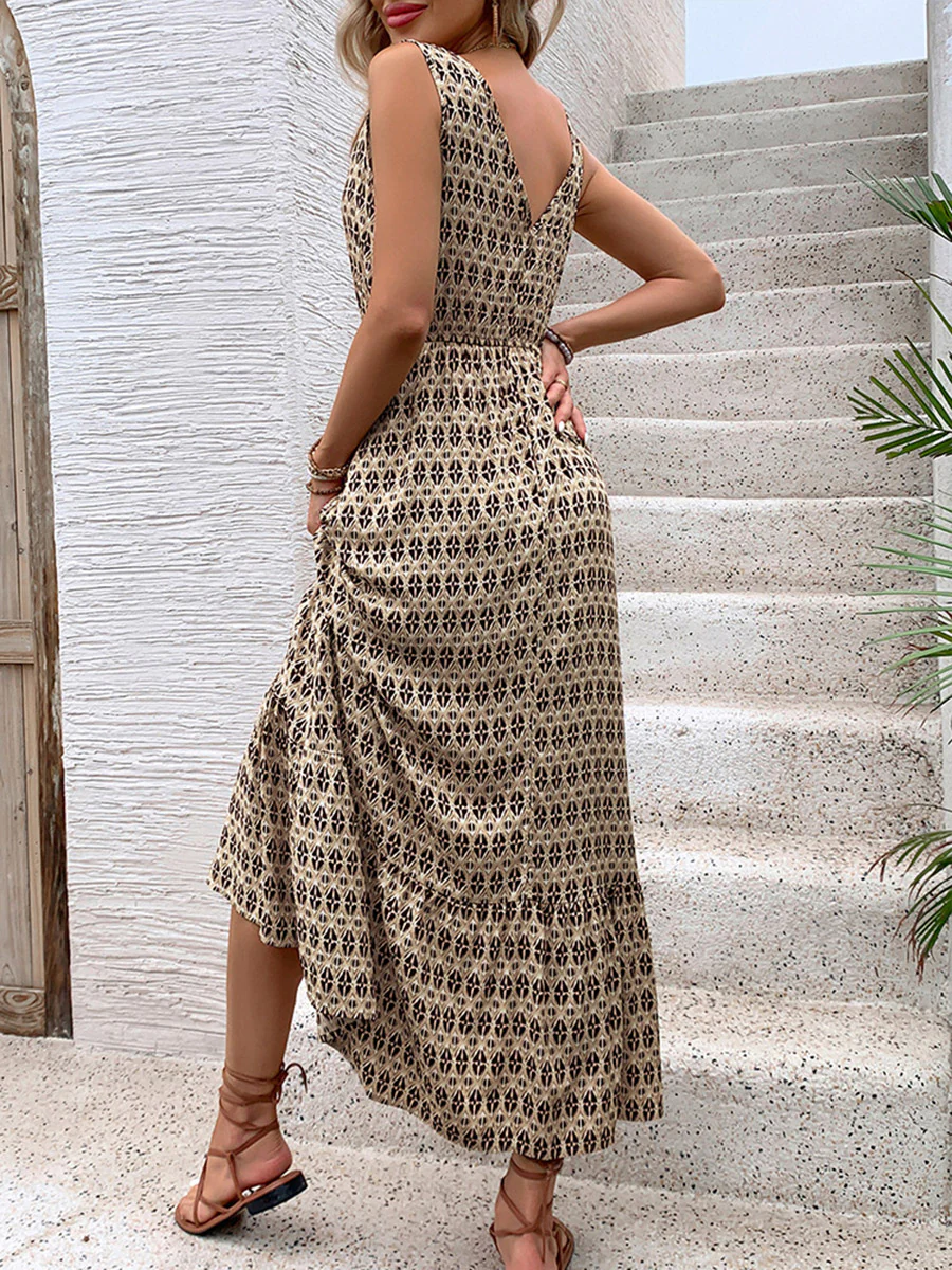 High Waisted Sleeveless Contrast Color Printed Tied Waist V-Neck Maxi Dresses - Image 9