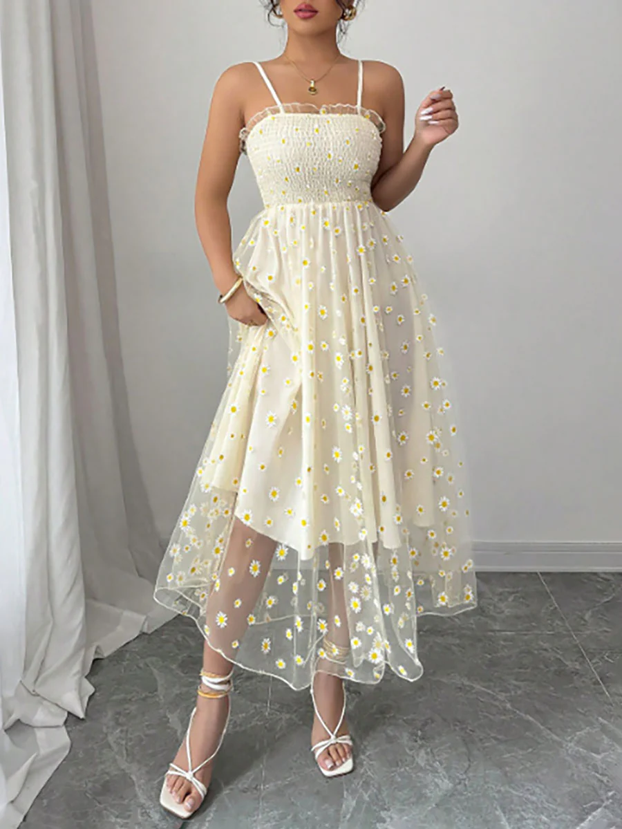 High Waisted Sleeveless Flower Print Layered Pleated Spaghetti-Neck Midi Dresses - Image 2
