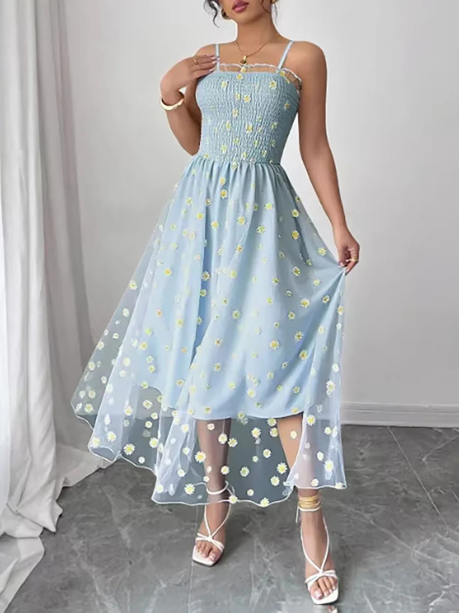 High Waisted Sleeveless Flower Print Layered Pleated Spaghetti-Neck Midi Dresses - Image 3
