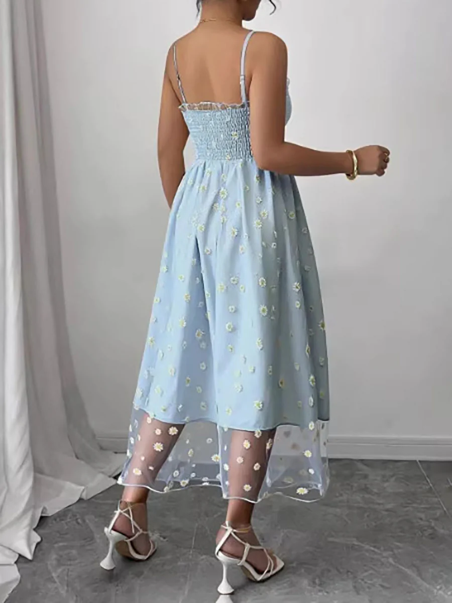 High Waisted Sleeveless Flower Print Layered Pleated Spaghetti-Neck Midi Dresses - Image 4