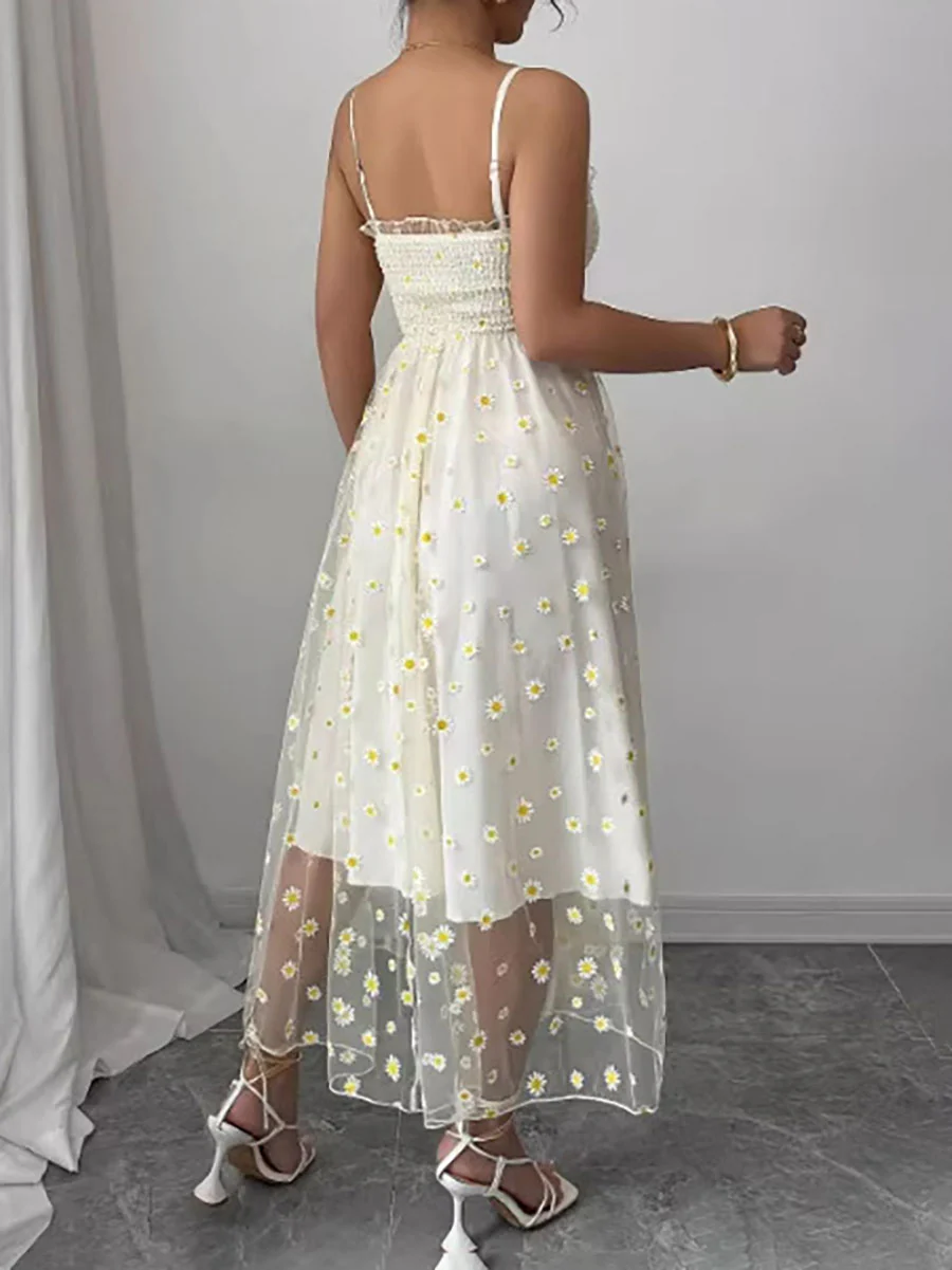High Waisted Sleeveless Flower Print Layered Pleated Spaghetti-Neck Midi Dresses - Image 5