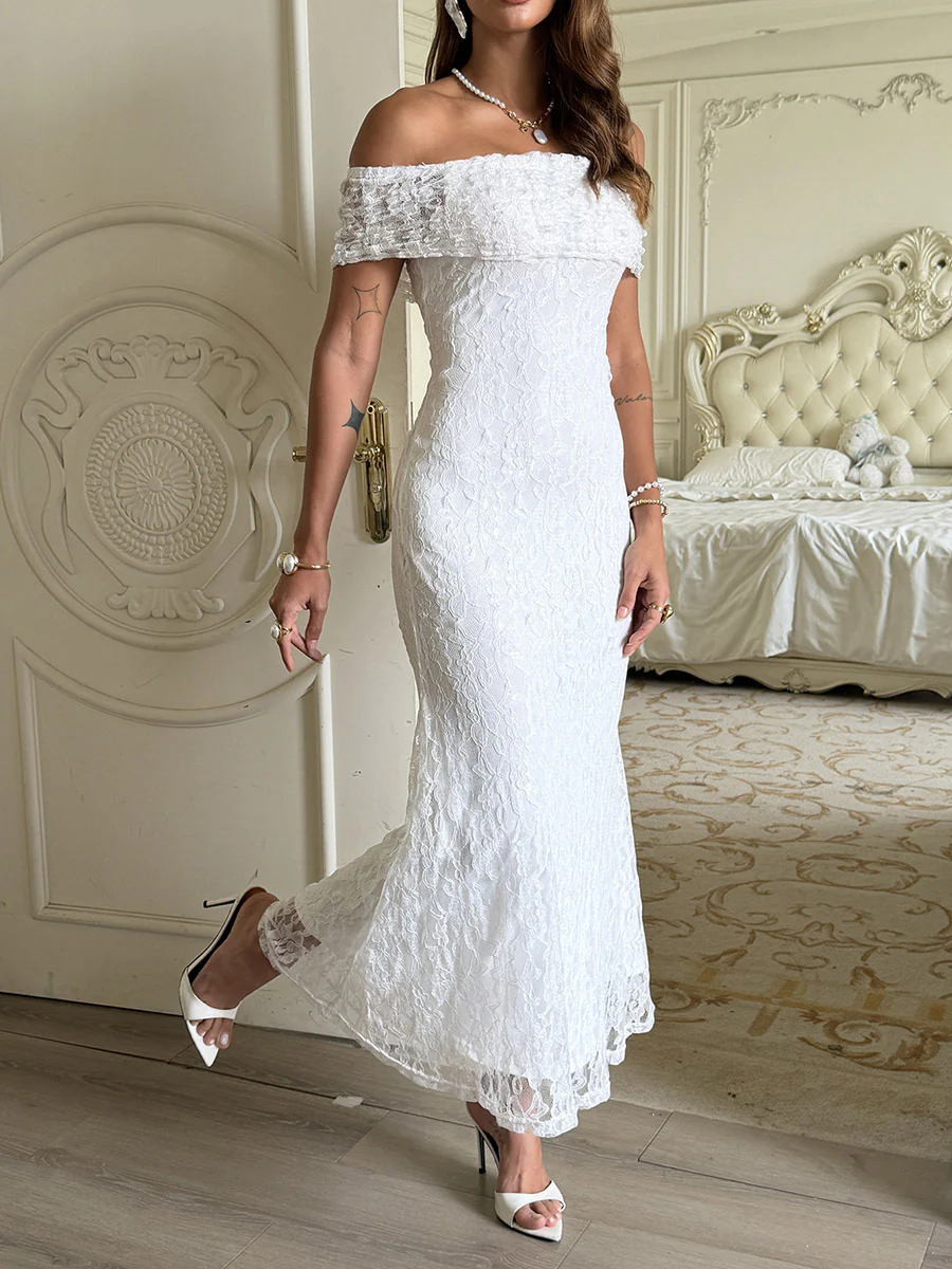 High Waisted Sleeveless Jacquard See-Through Solid Color Split-Joint Off-the-shoulder Maxi Dresses - Image 3