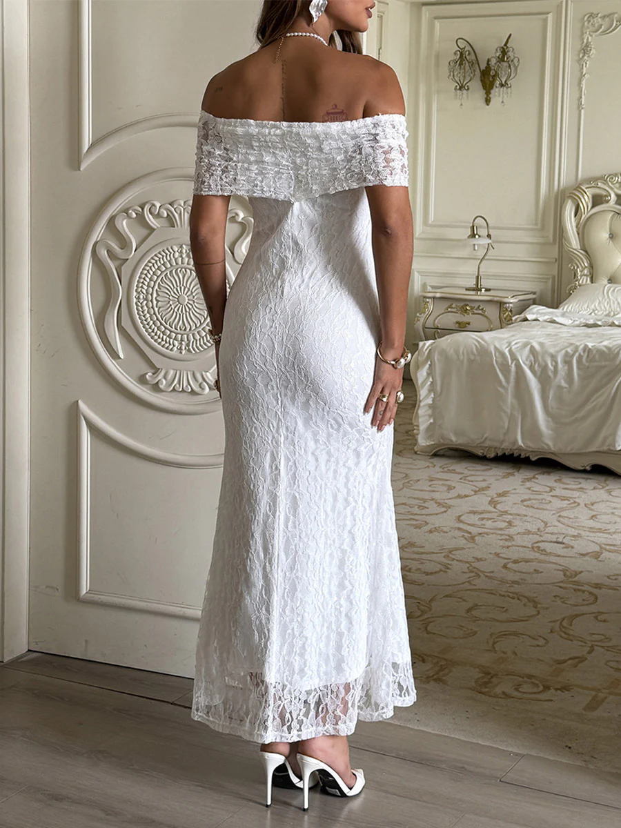 High Waisted Sleeveless Jacquard See-Through Solid Color Split-Joint Off-the-shoulder Maxi Dresses - Image 5