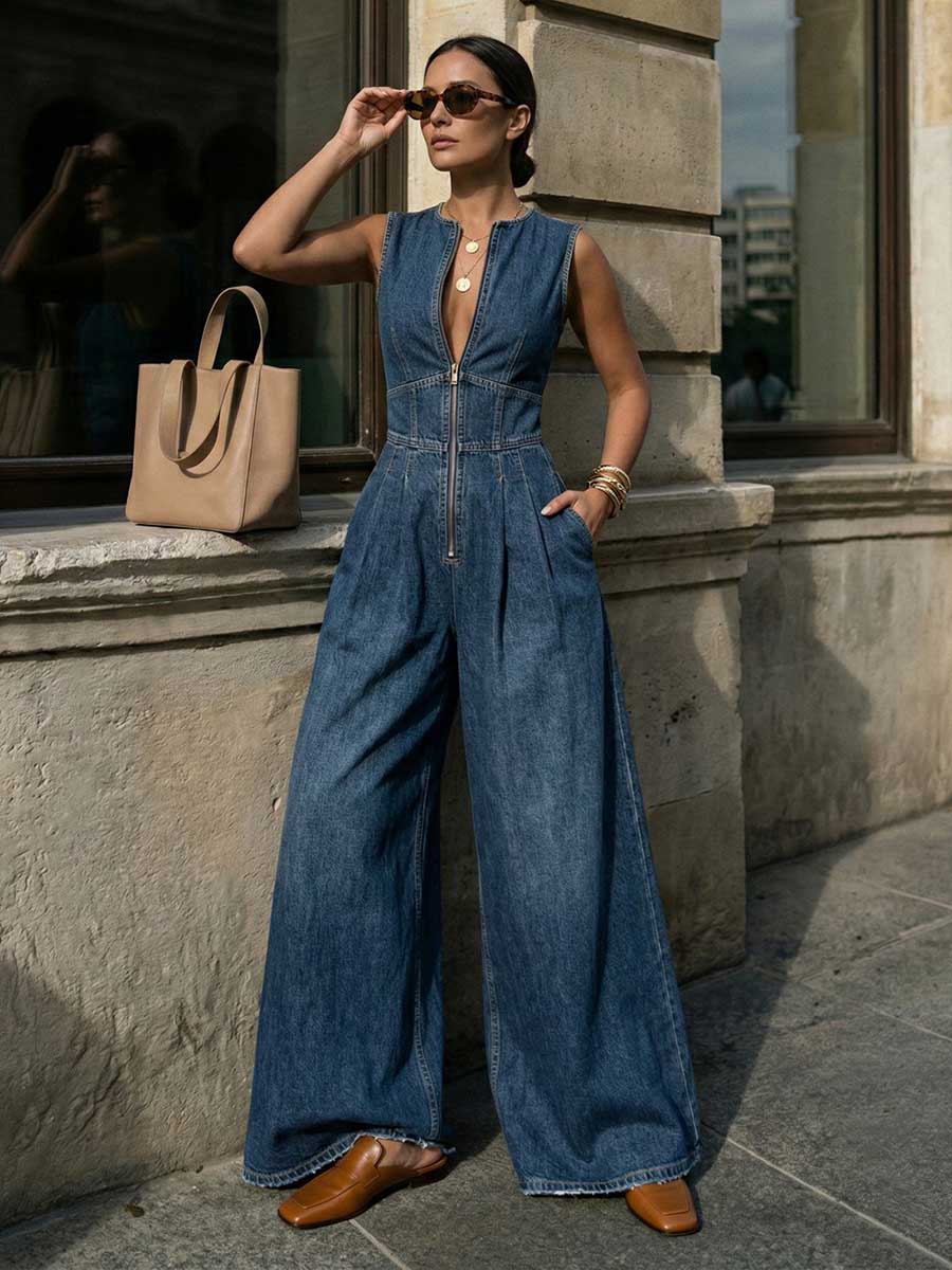 High Waisted Sleeveless Pleated Pockets Solid Color Zipper Round-Neck Jumpsuits - Image 2