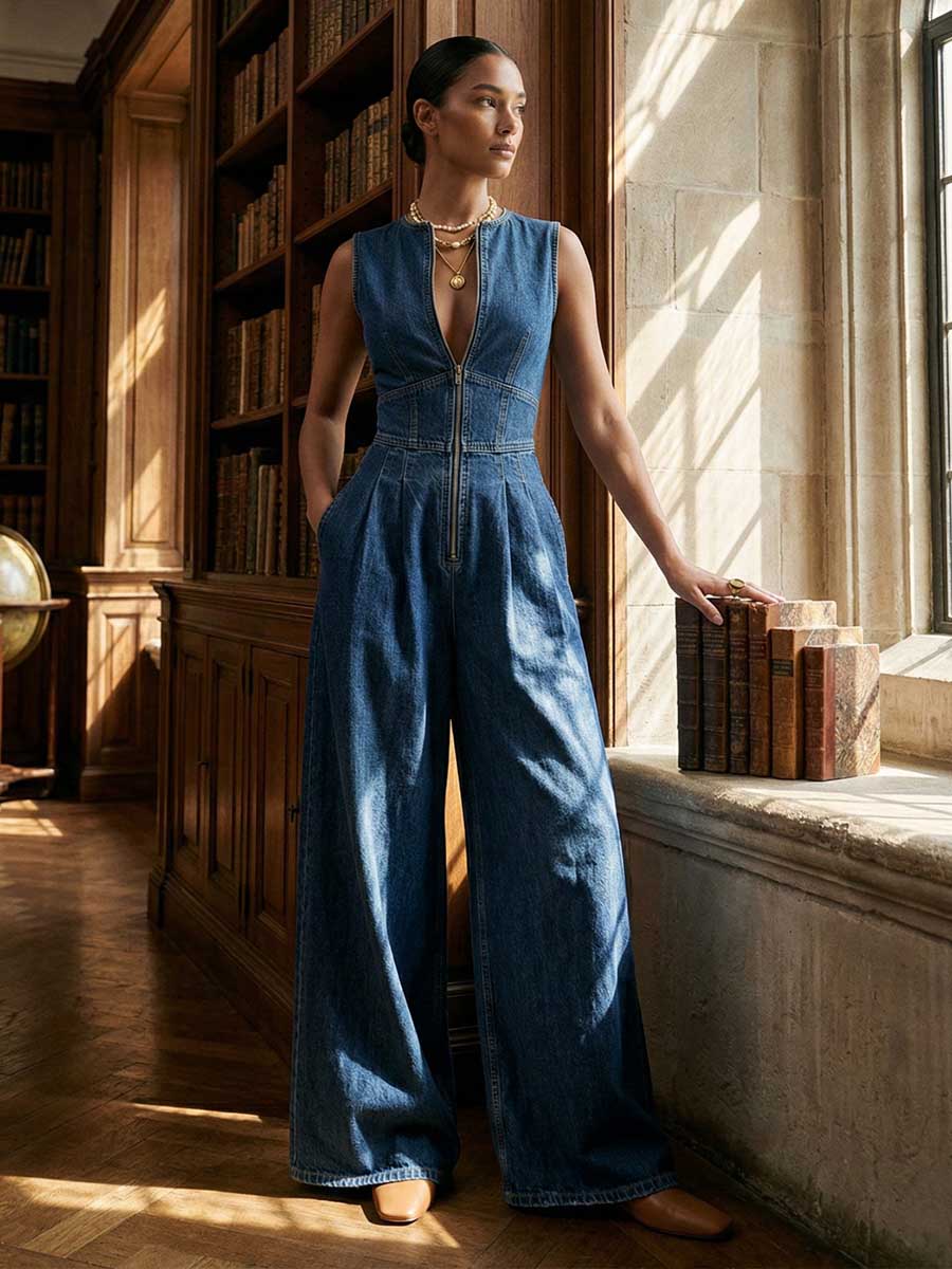 High Waisted Sleeveless Pleated Pockets Solid Color Zipper Round-Neck Jumpsuits - Image 4