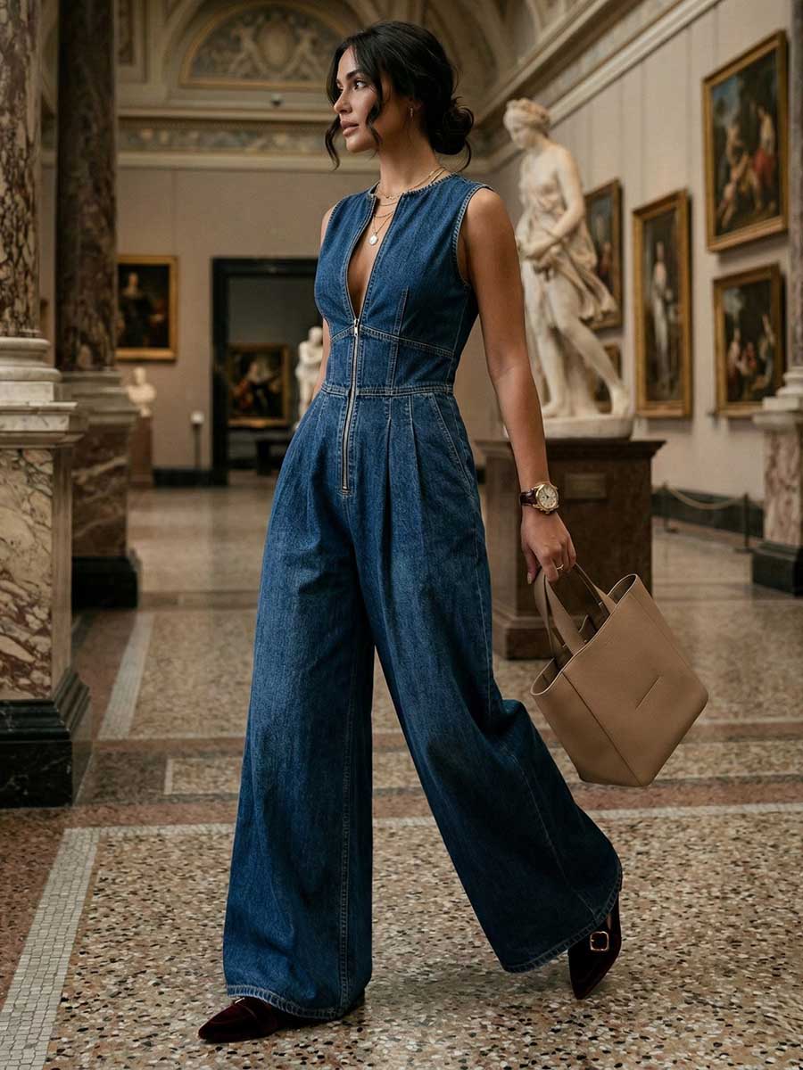 High Waisted Sleeveless Pleated Pockets Solid Color Zipper Round-Neck Jumpsuits - Image 6