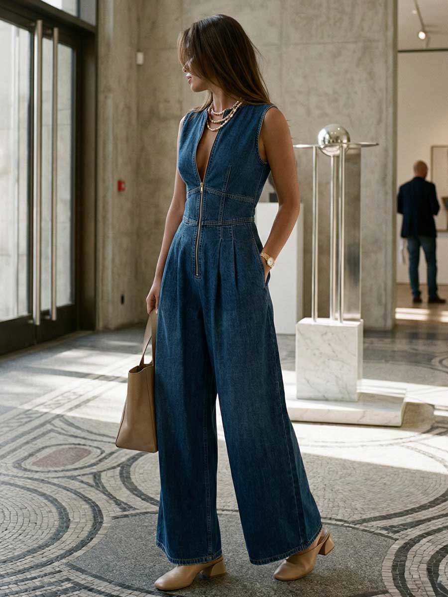 High Waisted Sleeveless Pleated Pockets Solid Color Zipper Round-Neck Jumpsuits - Image 7