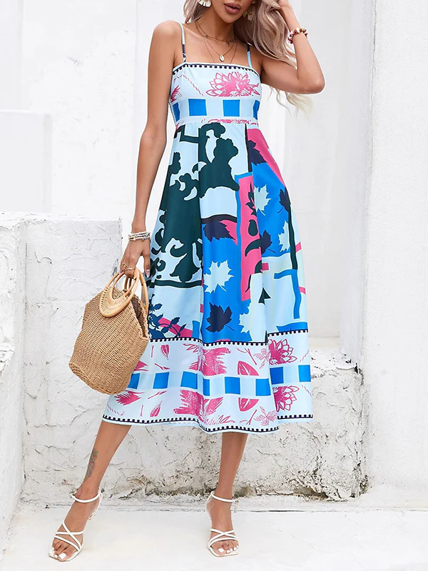 High Waisted Sleeveless Pleated Printed Split-Joint Collarless Midi Dresses Slip Dress - Image 10