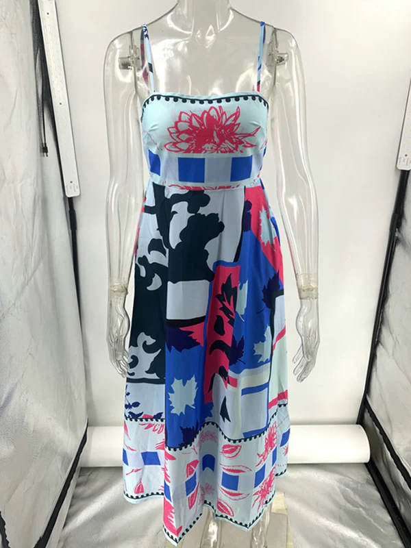 High Waisted Sleeveless Pleated Printed Split-Joint Collarless Midi Dresses Slip Dress - Image 12