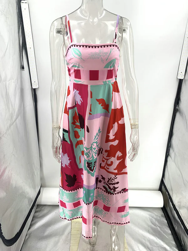 High Waisted Sleeveless Pleated Printed Split-Joint Collarless Midi Dresses Slip Dress - Image 13