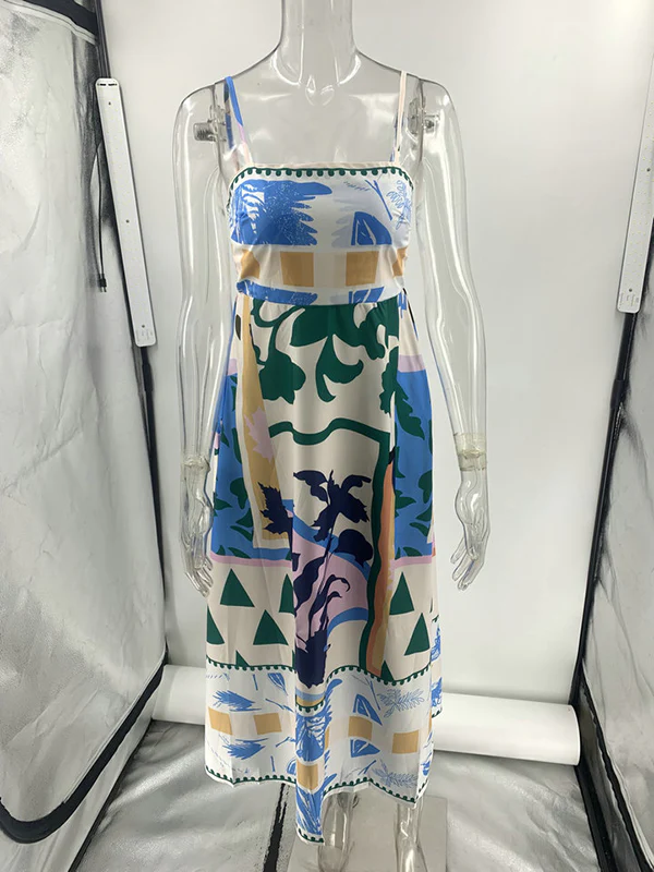 High Waisted Sleeveless Pleated Printed Split-Joint Collarless Midi Dresses Slip Dress - Image 14