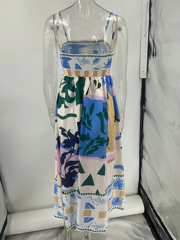 High Waisted Sleeveless Pleated Printed Split-Joint Collarless Midi Dresses Slip Dress - Image 15