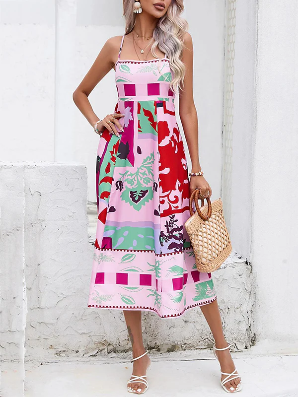 High Waisted Sleeveless Pleated Printed Split-Joint Collarless Midi Dresses Slip Dress - Image 2
