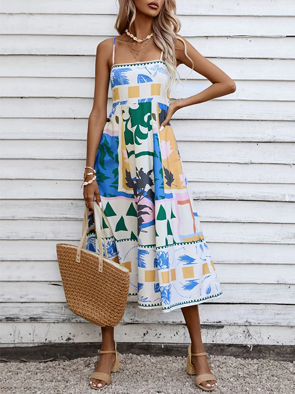 High Waisted Sleeveless Pleated Printed Split-Joint Collarless Midi Dresses Slip Dress - Image 3