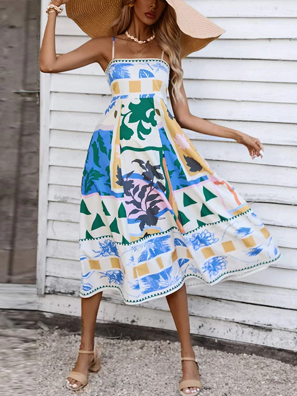 High Waisted Sleeveless Pleated Printed Split-Joint Collarless Midi Dresses Slip Dress - Image 4