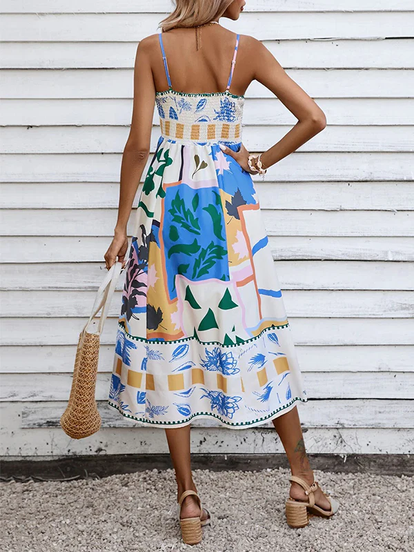 High Waisted Sleeveless Pleated Printed Split-Joint Collarless Midi Dresses Slip Dress - Image 5