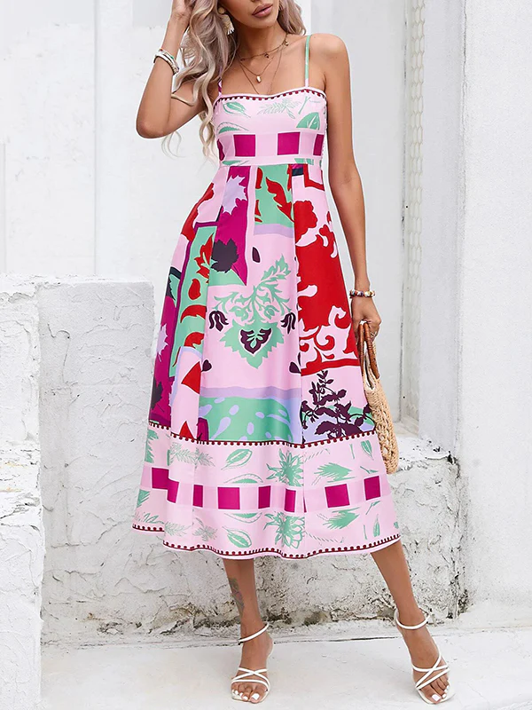 High Waisted Sleeveless Pleated Printed Split-Joint Collarless Midi Dresses Slip Dress - Image 6
