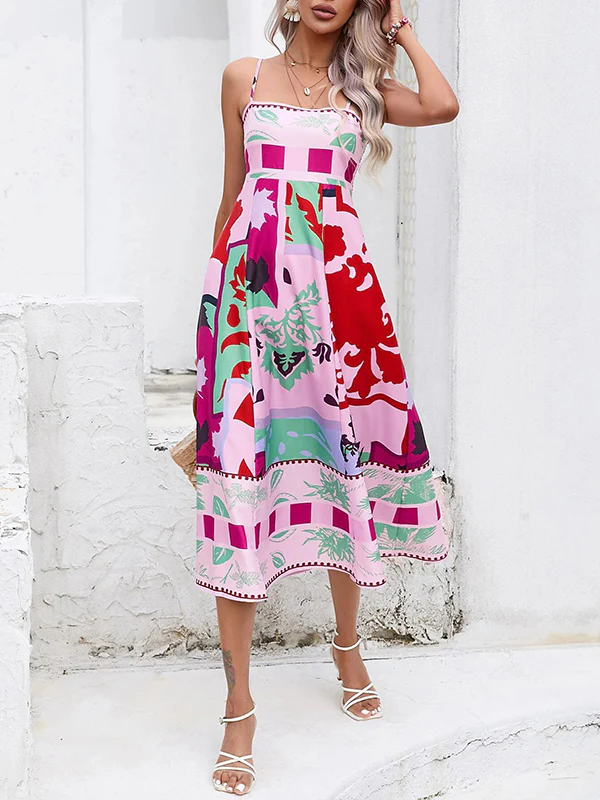 High Waisted Sleeveless Pleated Printed Split-Joint Collarless Midi Dresses Slip Dress - Image 7