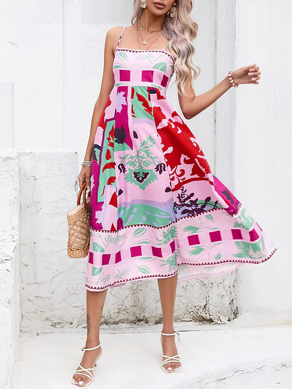 High Waisted Sleeveless Pleated Printed Split-Joint Collarless Midi Dresses Slip Dress - Image 8