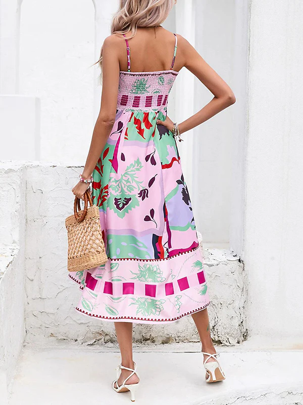 High Waisted Sleeveless Pleated Printed Split-Joint Collarless Midi Dresses Slip Dress - Image 9
