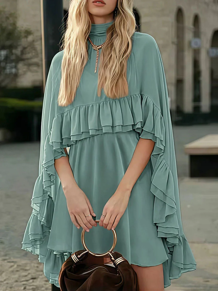 High Waisted Sleeveless Pleated Ruffled Solid Color Split-Joint Tied Mock Neck Mini Dresses Two Pieces Set - Image 10