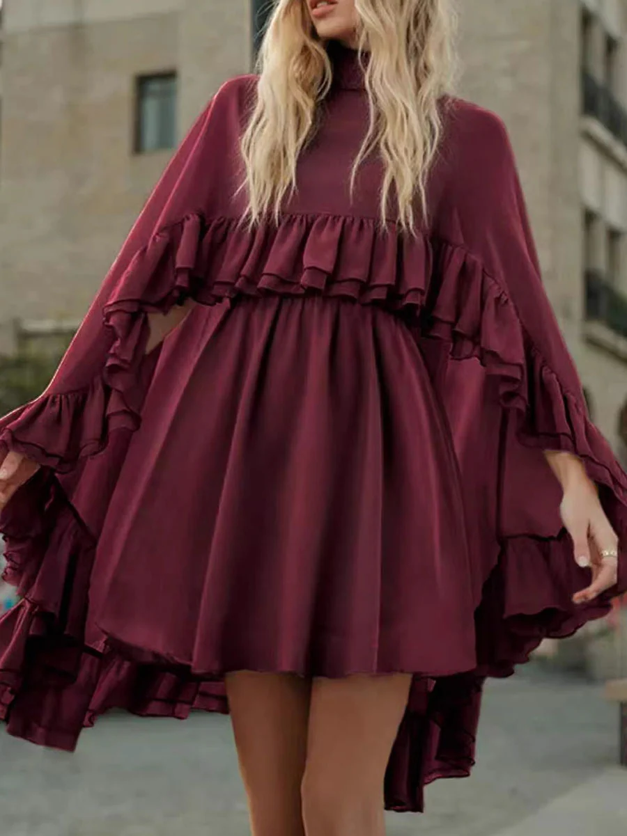 High Waisted Sleeveless Pleated Ruffled Solid Color Split-Joint Tied Mock Neck Mini Dresses Two Pieces Set - Image 12
