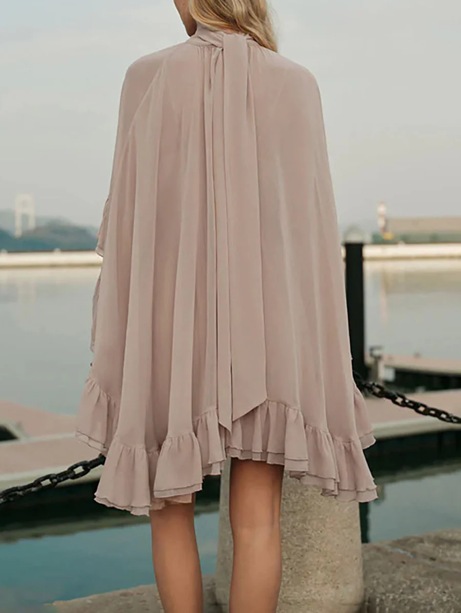 High Waisted Sleeveless Pleated Ruffled Solid Color Split-Joint Tied Mock Neck Mini Dresses Two Pieces Set - Image 14