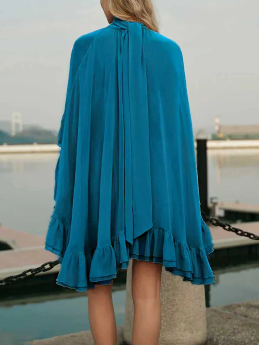 High Waisted Sleeveless Pleated Ruffled Solid Color Split-Joint Tied Mock Neck Mini Dresses Two Pieces Set - Image 16