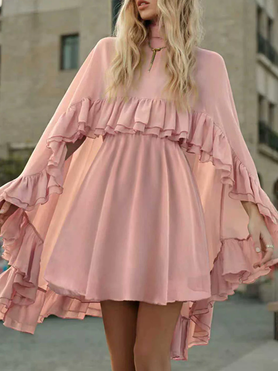High Waisted Sleeveless Pleated Ruffled Solid Color Split-Joint Tied Mock Neck Mini Dresses Two Pieces Set - Image 17