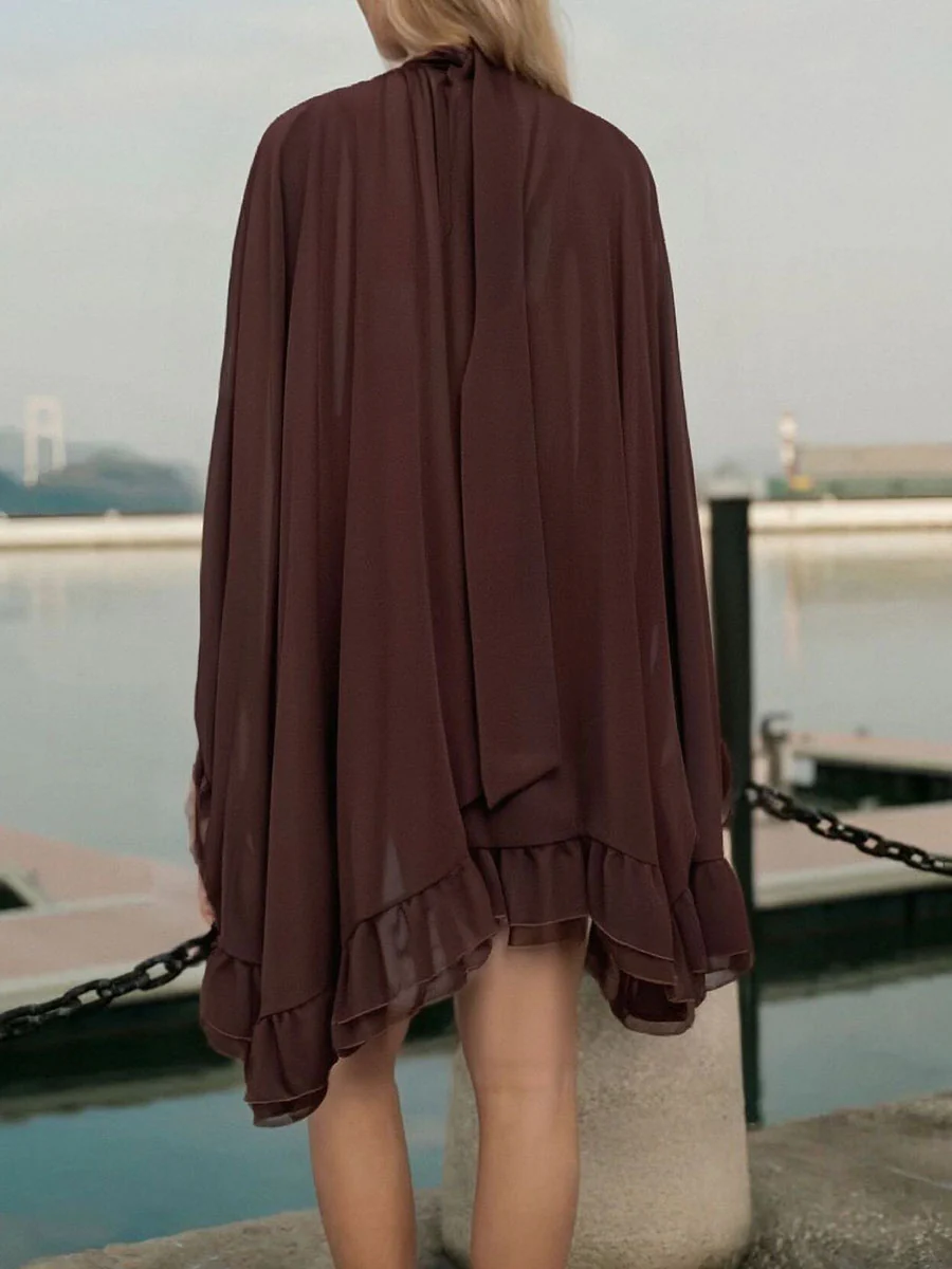 High Waisted Sleeveless Pleated Ruffled Solid Color Split-Joint Tied Mock Neck Mini Dresses Two Pieces Set - Image 19