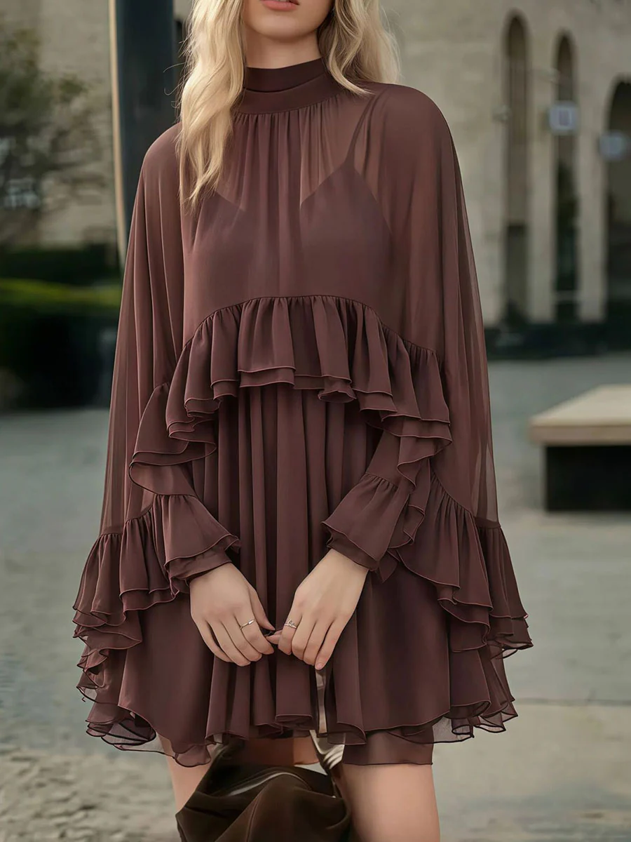 High Waisted Sleeveless Pleated Ruffled Solid Color Split-Joint Tied Mock Neck Mini Dresses Two Pieces Set - Image 2