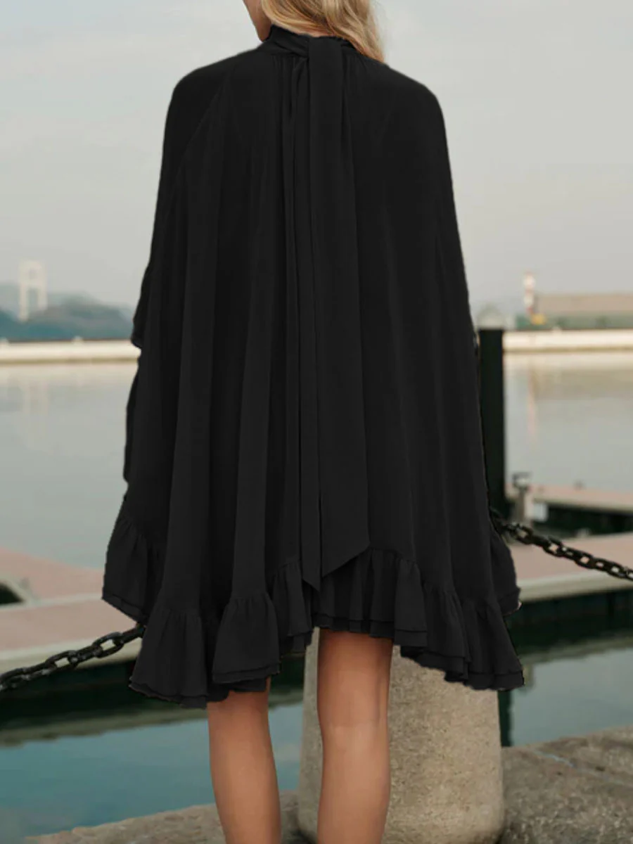 High Waisted Sleeveless Pleated Ruffled Solid Color Split-Joint Tied Mock Neck Mini Dresses Two Pieces Set - Image 20
