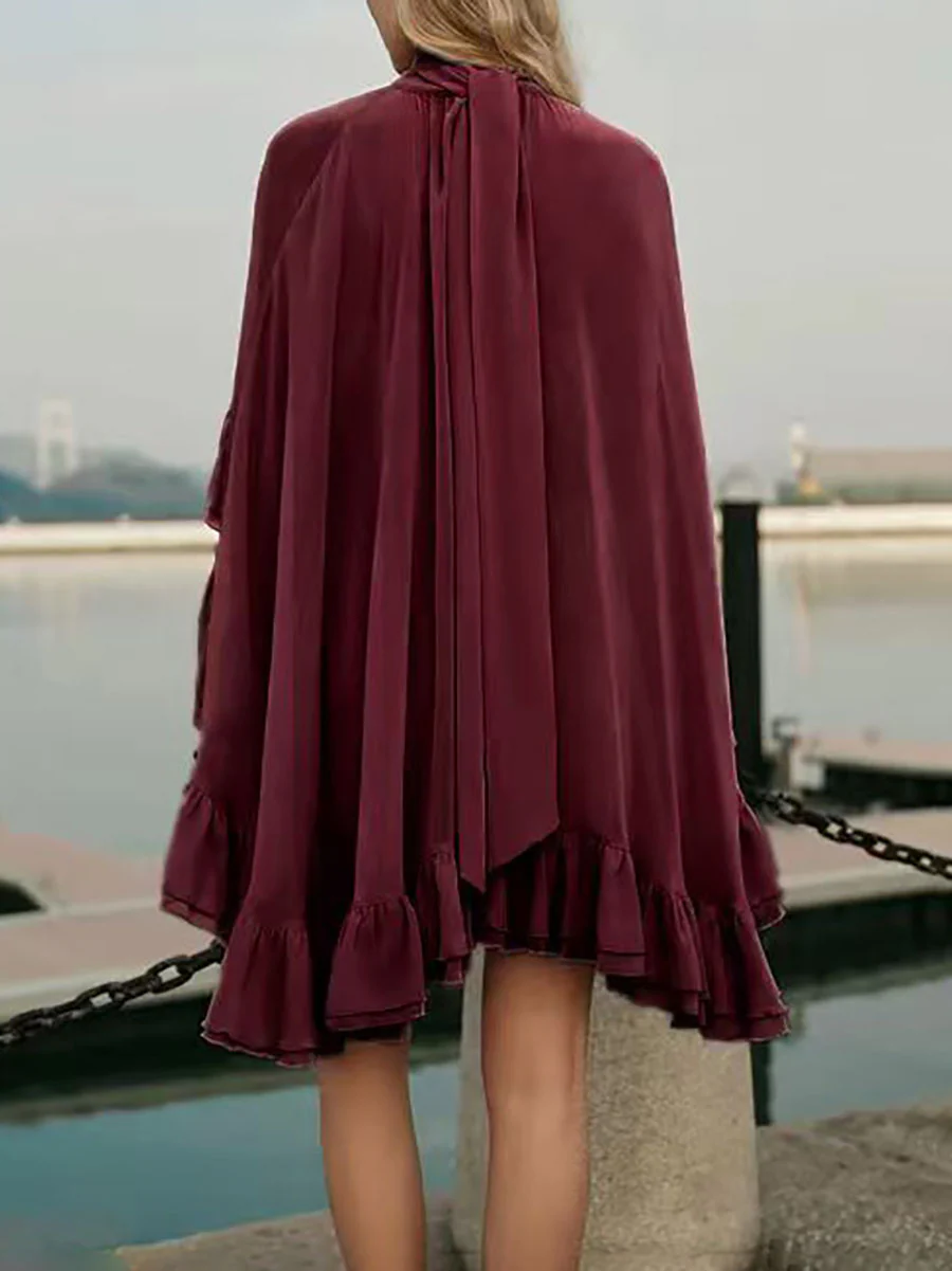 High Waisted Sleeveless Pleated Ruffled Solid Color Split-Joint Tied Mock Neck Mini Dresses Two Pieces Set - Image 21