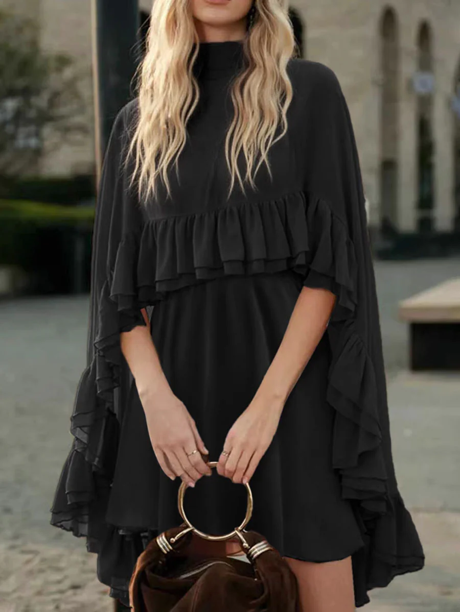 High Waisted Sleeveless Pleated Ruffled Solid Color Split-Joint Tied Mock Neck Mini Dresses Two Pieces Set - Image 3