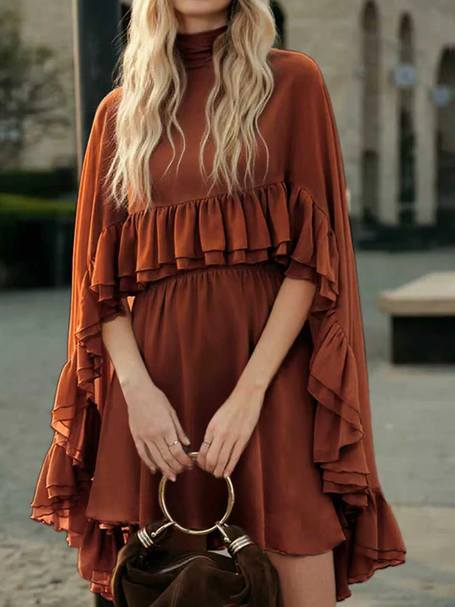 High Waisted Sleeveless Pleated Ruffled Solid Color Split-Joint Tied Mock Neck Mini Dresses Two Pieces Set - Image 5