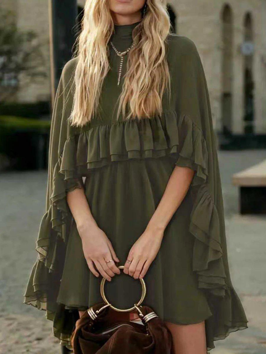 High Waisted Sleeveless Pleated Ruffled Solid Color Split-Joint Tied Mock Neck Mini Dresses Two Pieces Set - Image 6