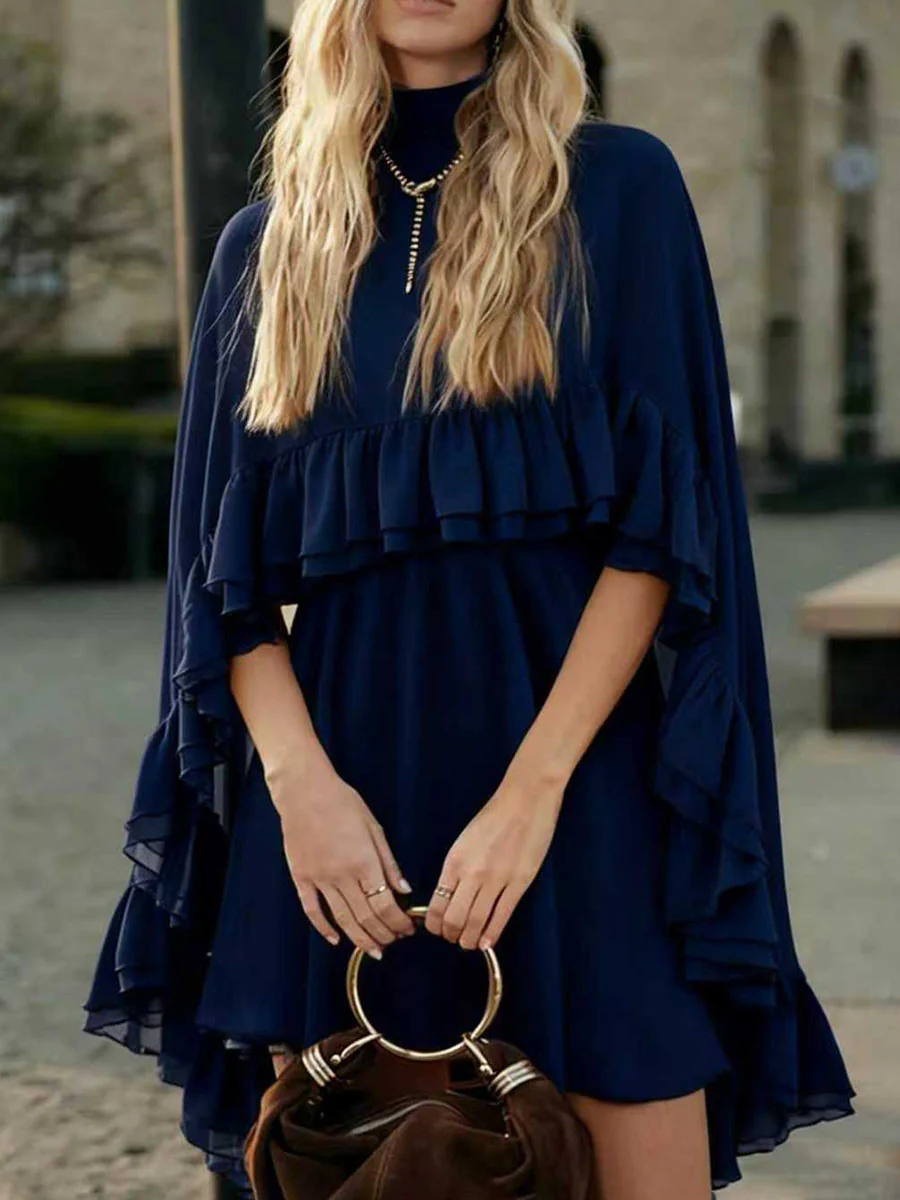 High Waisted Sleeveless Pleated Ruffled Solid Color Split-Joint Tied Mock Neck Mini Dresses Two Pieces Set - Image 8